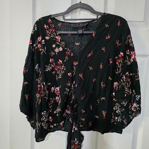 Polly & Esther Black Wrap Blouse with Tie Front and 3/4 Sleeves